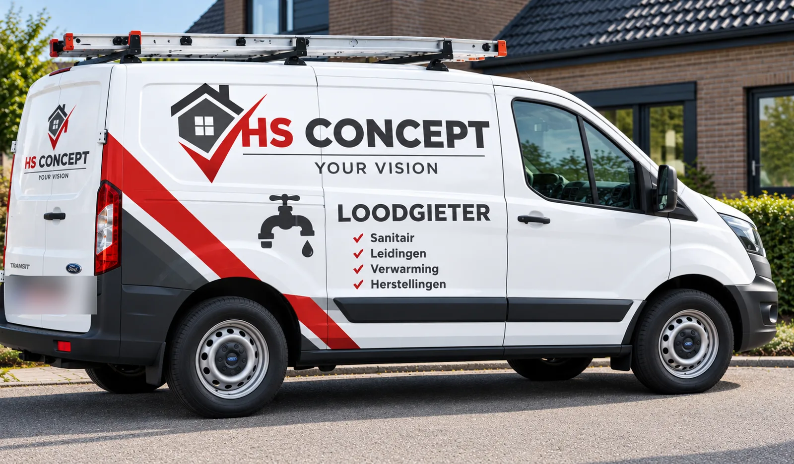 Bestelwagen van HS Concept met belettering voor loodgieterswerk en verwarming in Aalst